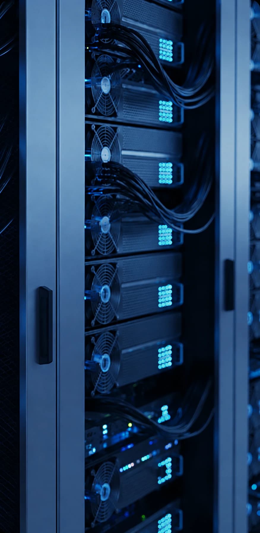Data center aisle with illuminated server racks