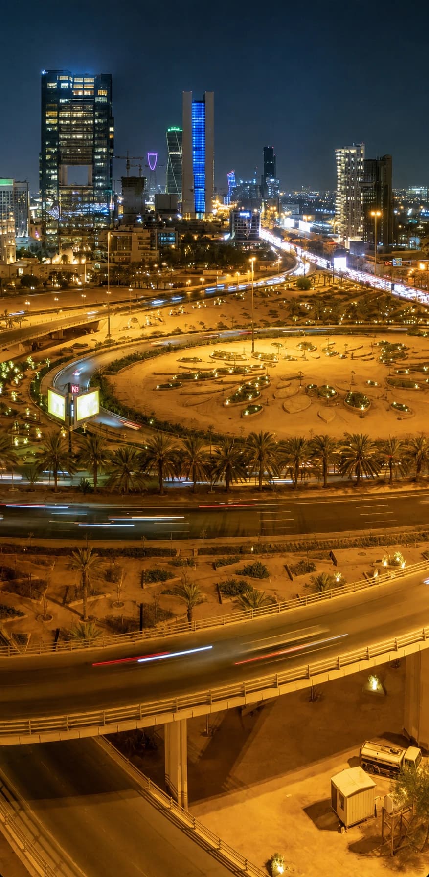 Aerial night view of urban mobility and interconnected infrastructure
